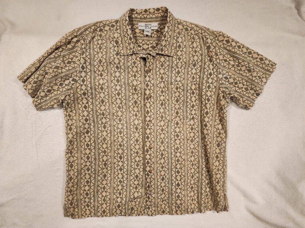 Field Gear FG Green Tan Geometric Short Sleeve Shirt Button Down Large